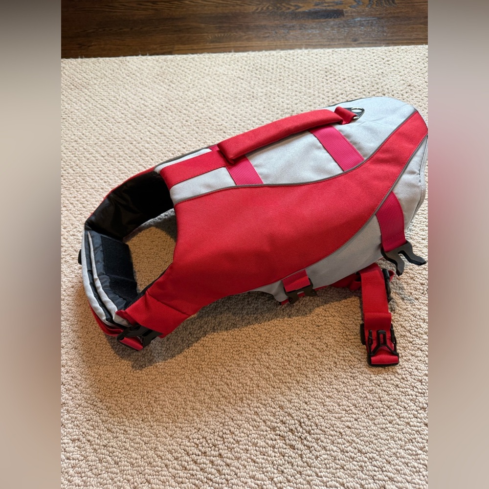 Red and Light Gray Dog Life Jacket with Handle